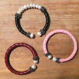 Leather and Pearl Bracelet/Bangle Trio by Honora